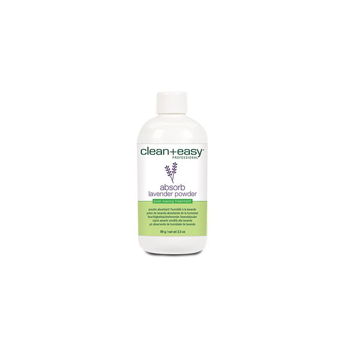 Front view of Clean + Easy Absorb Lavender Powder Pre Waxing Treatment in 3.5-ounce capped bottle