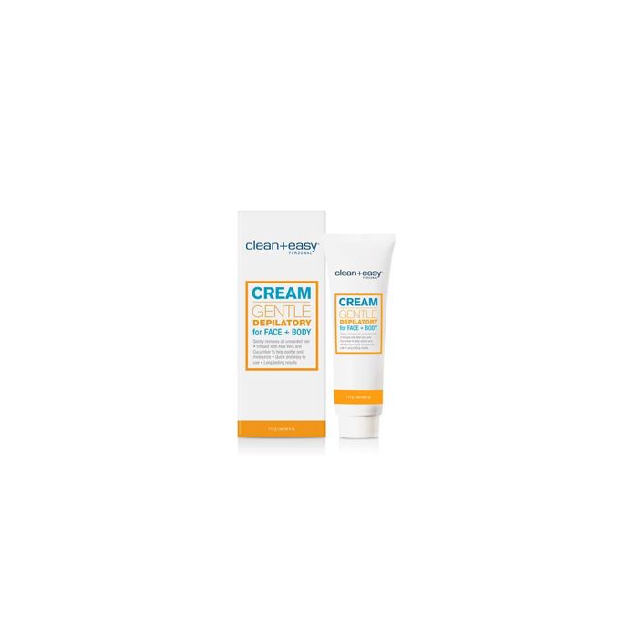 Wide view of  Cream Gentle Depilatory For Face + Body from Clean + Easy packaging with tube-type container on the side