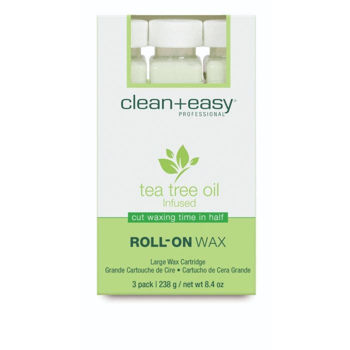 Front view of clean + easy Professional Roll-On Wax in Tea Tree Oil Infused packaging with label text