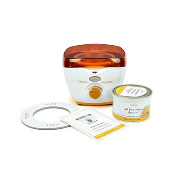 GiGi Honee Warmer alongside 14 ounces All Purpose Honee, waxing collars, & instruction manual