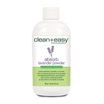 Front view of Clean + Easy Absorb Lavender Powder Pre Waxing Treatment in 3.5-ounce capped bottle