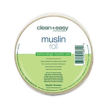 Frontal image of clean+easy Muslin Epilating Strips roll with label text