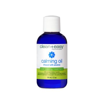 Closeup 2-ounce container of Clean + Easy calm post-waxing care solution for sensitive skin in azulene oil infused variant