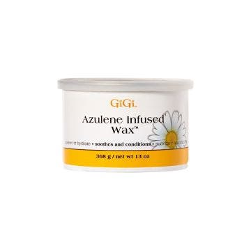 Front view of a 13-ounce container of GiGi Azulene Infused Wax with its lid on