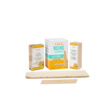 GiGi Waxing Essentials Accessories Kit box alongside small & large Accu Edge Applicators, & small & large cloth strips 